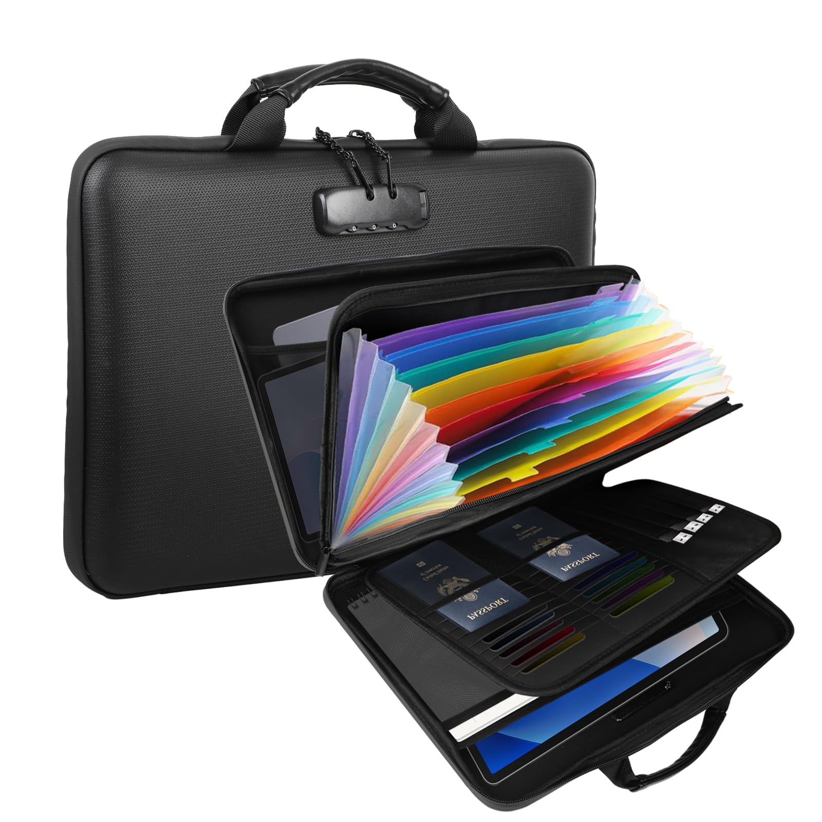 Cartella portadocumenti ignifuga con serratura, 37,5 × 27 × 6 cm, con scomparti multipli, scritta colorata, doppia chiusura lampo, organizer portatile per documenti importanti, tablet