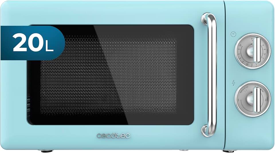 Cecotec Microondas Mecánico de 20 L Proclean 3010 Retro Blue. 700 W en 6 Niveles, Temporizador hasta 30 Minutos, Modo Descongelación, Diseño Vintage en Azul, Acabados en Acero