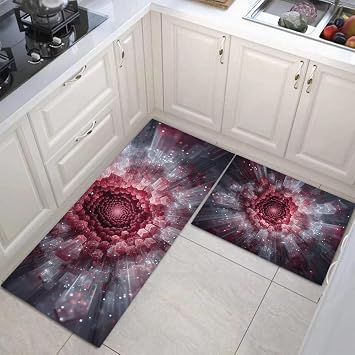 3D Crystal Vortex Kitchen Mat Set of 2 Pcs, Non Slip Kitchen Rug Burgundy Red, Abstract Visual Illusion Washable Absorbent Floor Mat Runner Rug, Cushioned Standing Mats 17"X30"+17"X59"