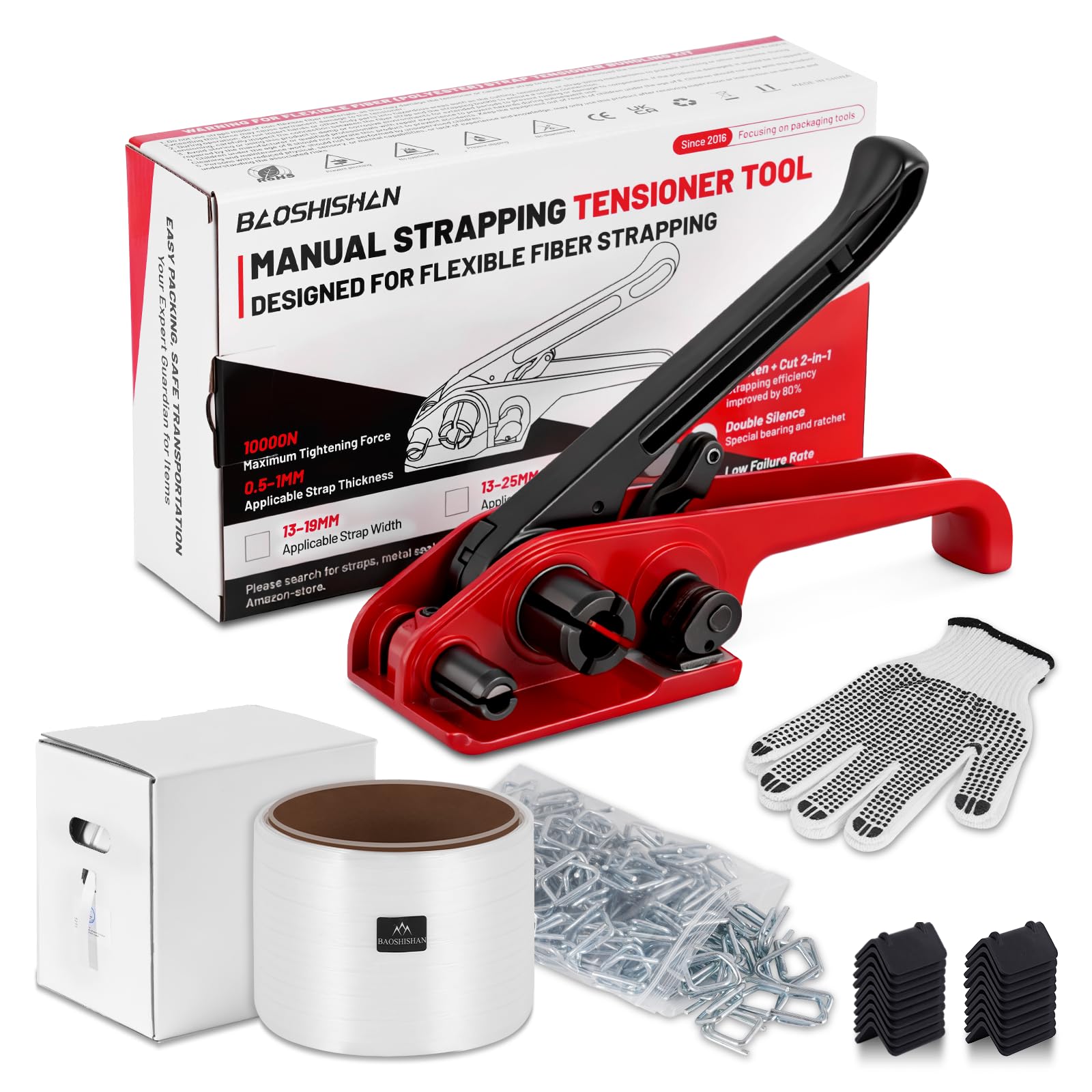 BAOSHISHAN Manuelles Umreifungsgerät Set 13–19 mm mit Polyesterfaserbändern und Metallschnallen