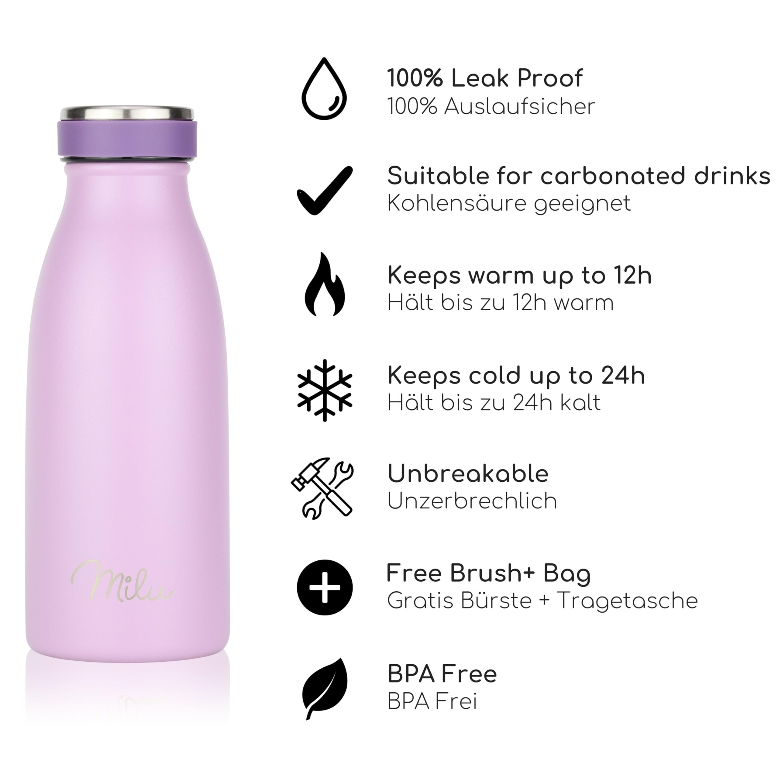 Milu Stainless Steel Drinking Bottle 350 ml, Insulated Thermo Flask for Water, Leak Proof, Insulated and Double Walled - Image 2