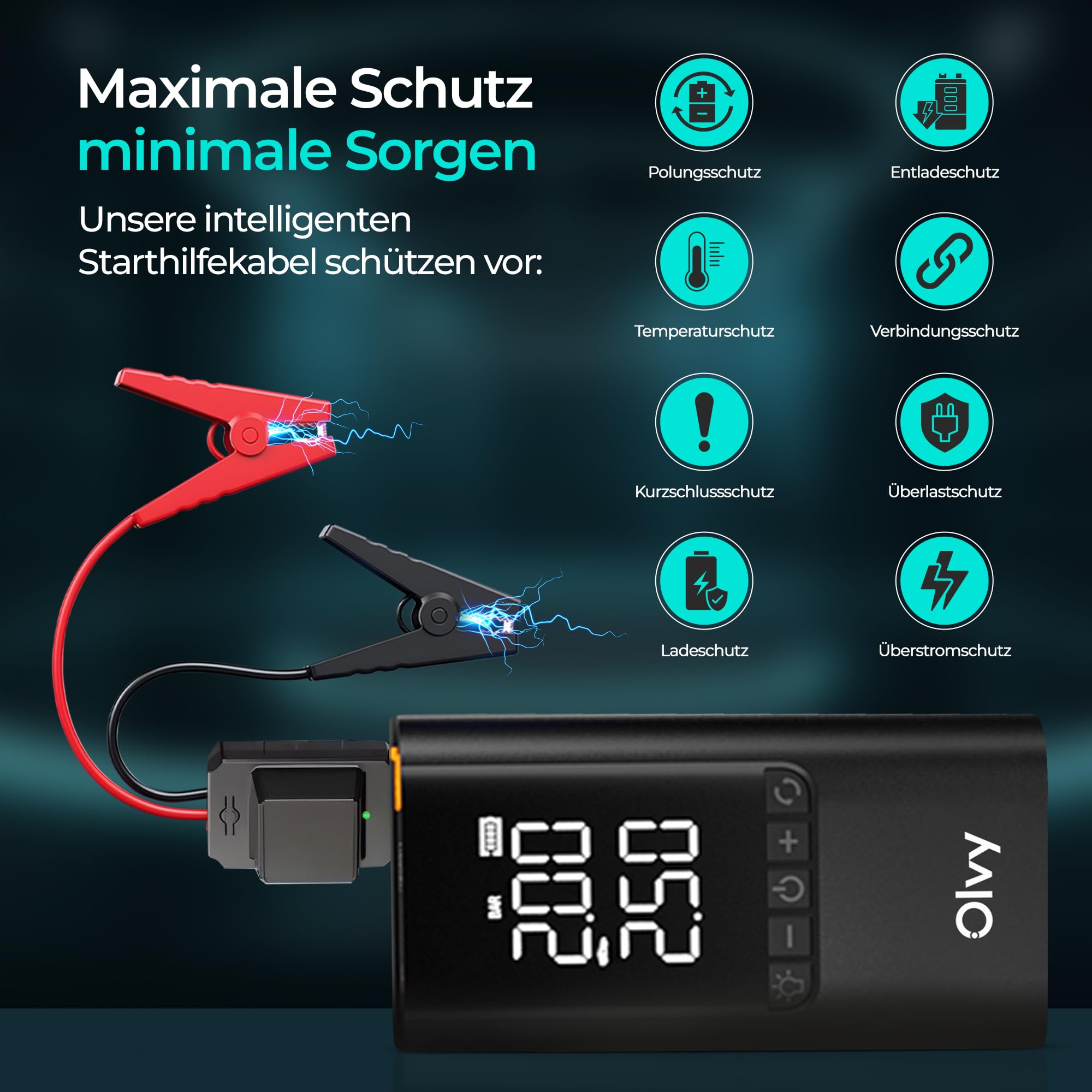 Olvy 4-in-1 Portable Car Jump Starter with Air Compressor, 1500A Peak, 12000mAh Power Bank, Smart Protection, LED Light, Digital Display, Compact Jump Starter for 12V Petrol & Diesel Vehicles