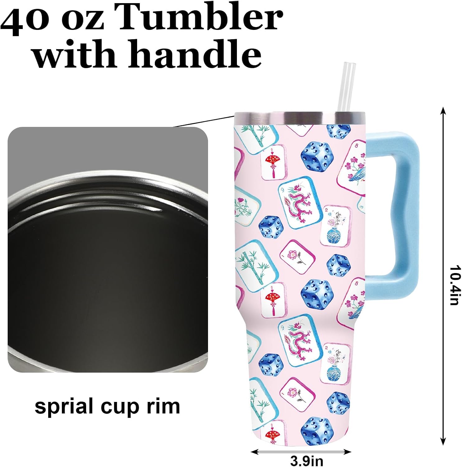 JarThenaAMCS Mahjong Tumbler with Lid and Straw Stainless Steel Cup 40oz Pink Blue Mahjong Tile Dice Tumbler with Handle for Game Night Bridal Shower Birthday Home Office Travel image 2