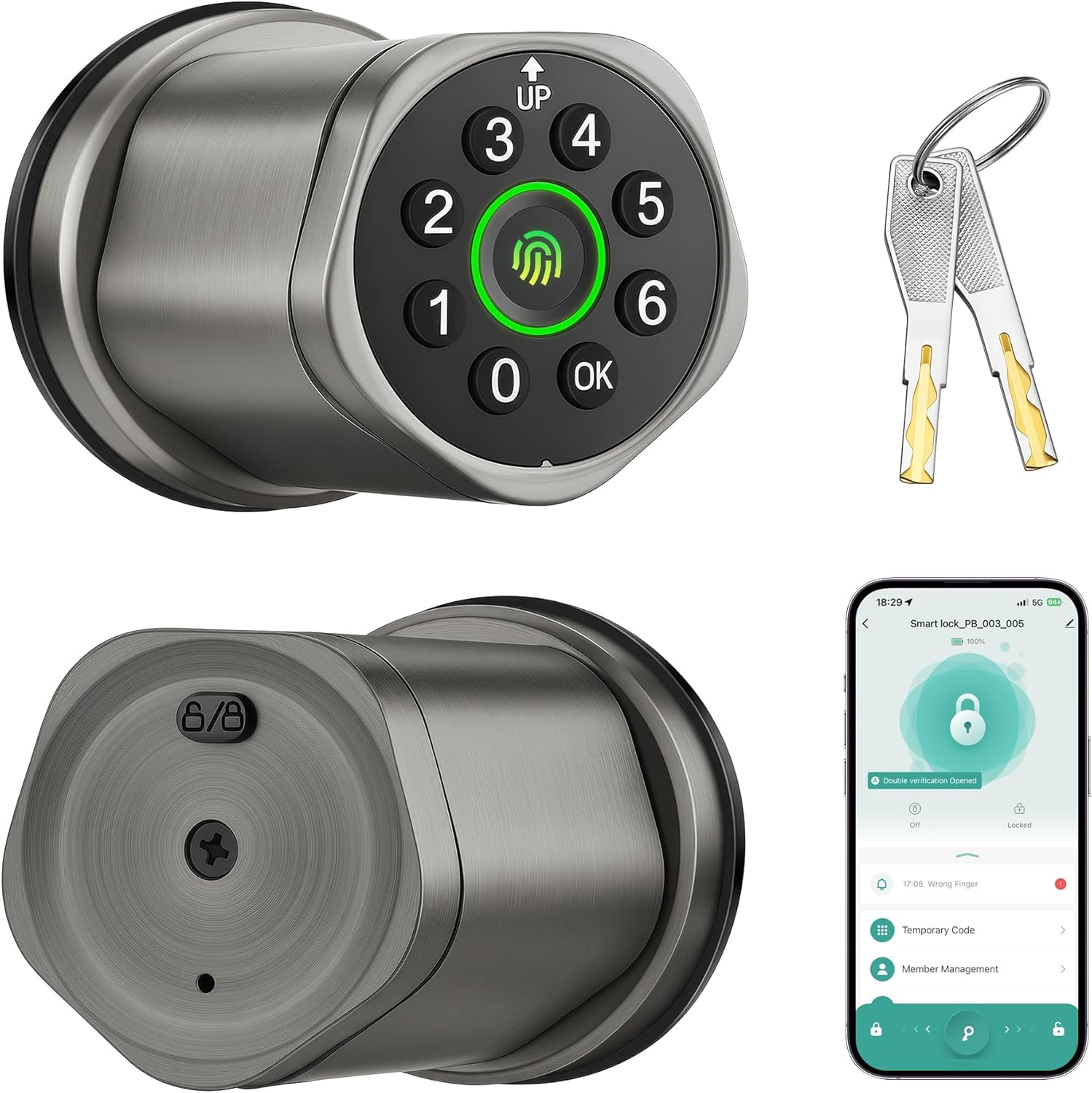 4-in-1 Fingerprint Door Lock with App Control,Smart Door knob for Bedroom, Biometric Door Lock for Apartment Office and Garages in Satin Nickel