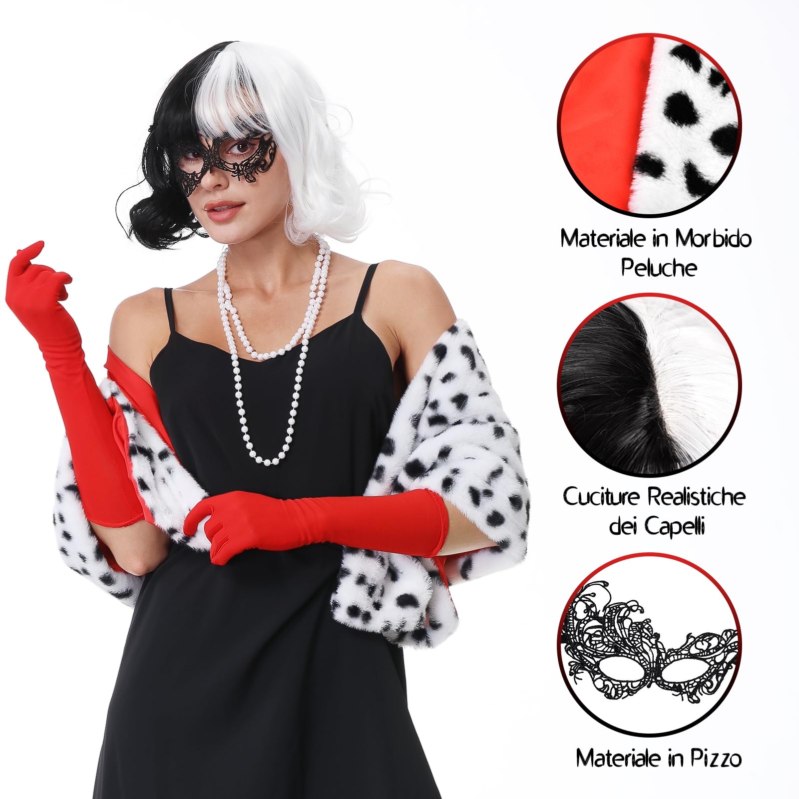 Aragallant Cruella Parrucca in Bianco e Nero, Costume Crudelia Demon Donna, Parrucca Crudelia Demon, Costume di Halloween Accessori con Guanti Rossi, Collana