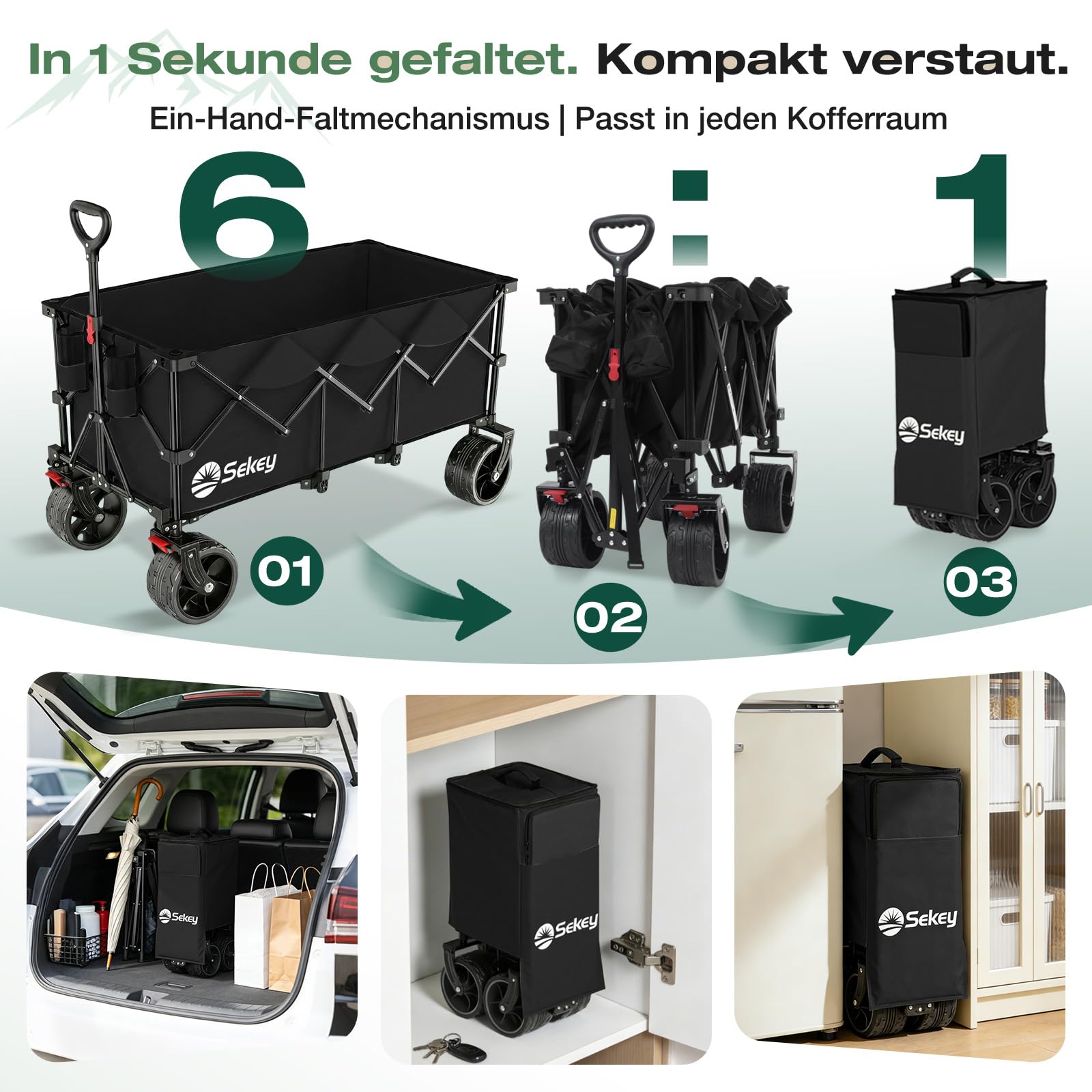 Sekey XXXL Bollerwagen Faltbar 300L 200KG All-Terrain-Räder Transportwagen Schwarz