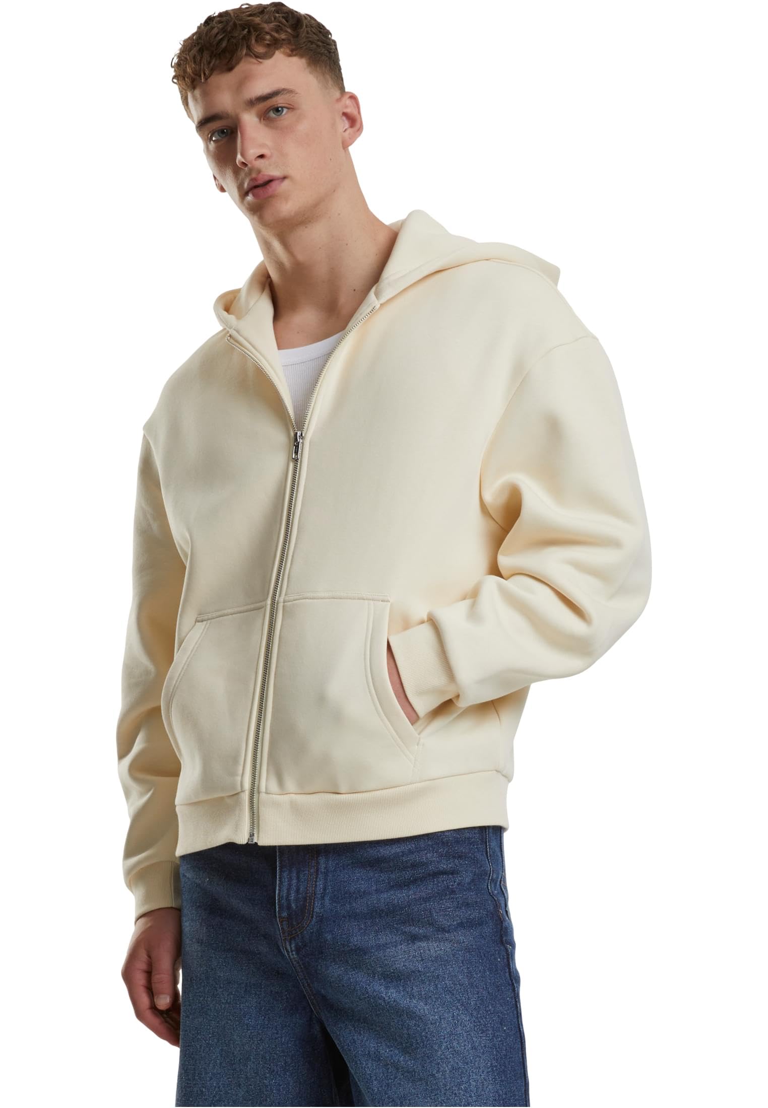 Urban Classics Męska bluza z kapturem Fluffy Zip Hoody, puszysta bluza z kapturem z zamkiem błyskawicznym, bluza z kapturem dla mężczyzn, oversize fit, Whitesand, M