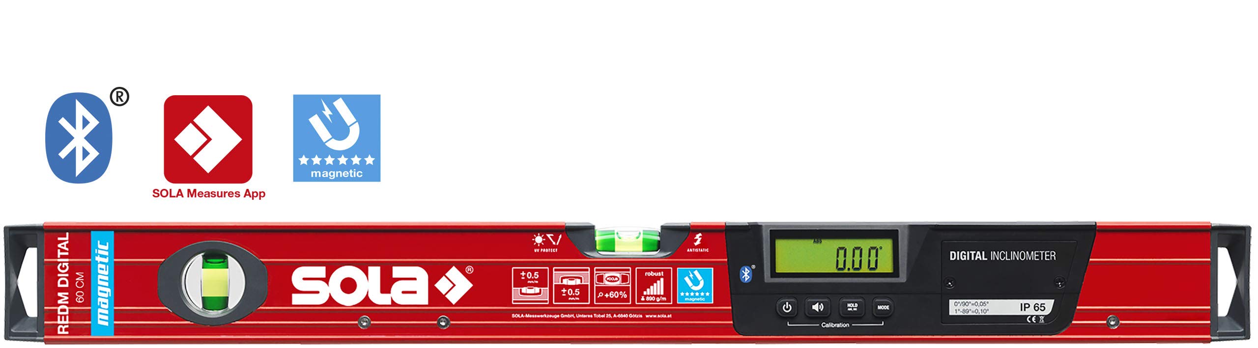 SOLA - REDM 60 digital - digitale Wasserwaage magnetisch 60cm mit Bluetooth - Wasserwaage digital mit LCD - Fernsteuerung über Smartphone und App - Neigungsmesser digital - IP65