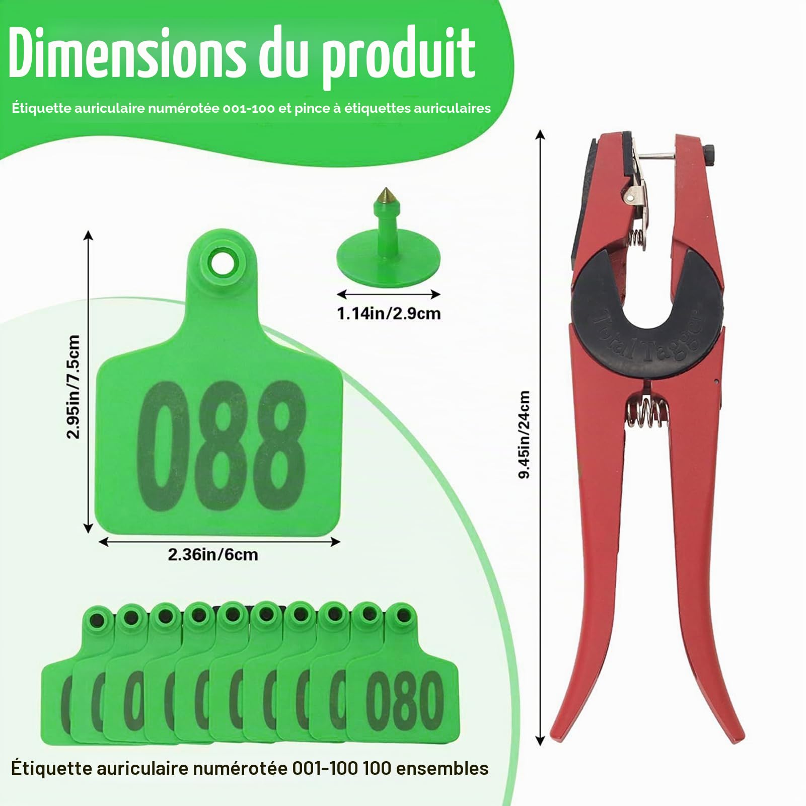 Boucles d'oreille pour bovins | Étiquettes De Marquage Pour Bétail | Étiquettes numérotées 001-100 avec applicateur pour élevage bovin identification animale moutons chèvres et gestion de