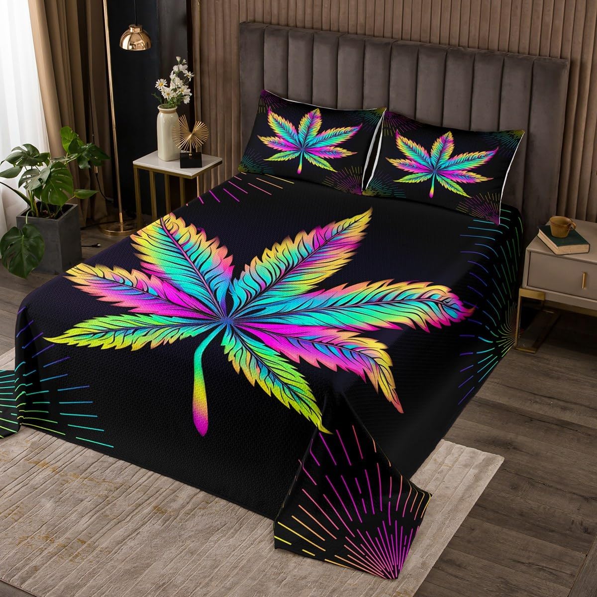 Rainbow Marijuana Weed Coverlet Set Chic Bohemian Tropical Plants Quilted Coverlet Boho Mandala Flowers Comforter Set Bedspreads Quilt Set for Children Kids Coverlet Set,Twin Size 2 Pcs