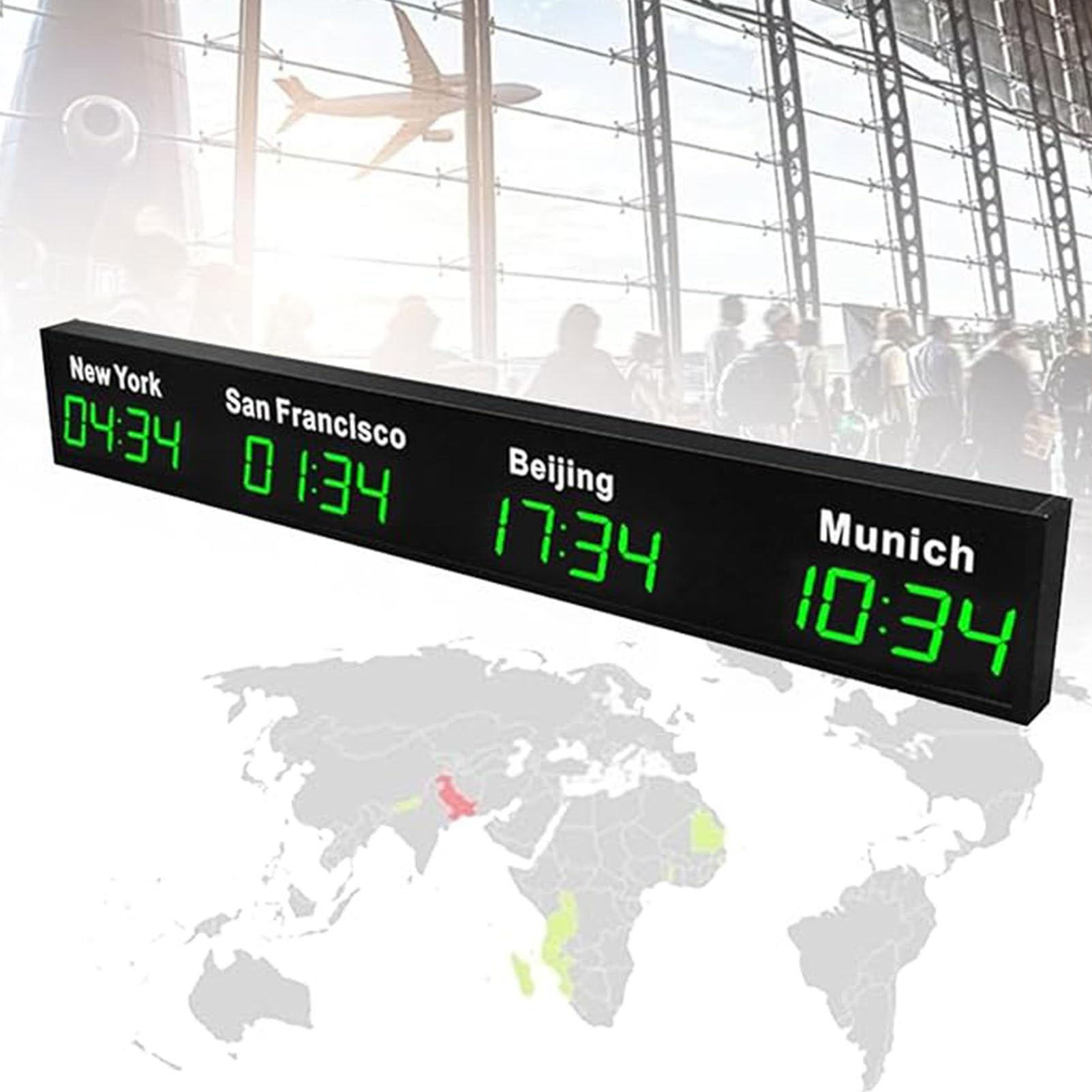 Wall Mounted World Clock, 3/4/5 City Time Zone LED Digital World Time Wall Clock Indoor Multi Time Zone World Wall Clock for Multinational Enterprises/Office/Home/Living Room/School,Green-4City