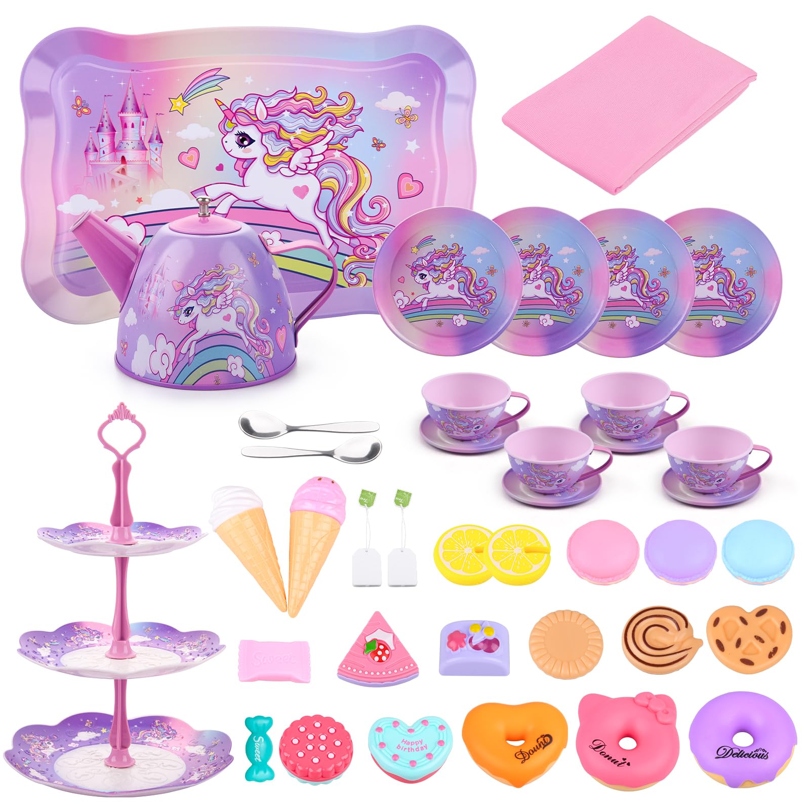 ARANEE Set da Tè Giocattoli Bambini Accessori Cucina Bambini Set da Tè in Latta Tea Party Finta di Giocare con Dessert Donut Giocattoli da Dessert Regalo per Bambina 3 4 5 6 7 8 Anno (Viola)