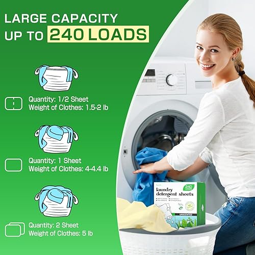 Miniatura 3 de Hojas de detergente para ropa sin perfume de 240 cargas, hojas de detergente ecológicas para viajes y hogar, sin jarra de plástico, tiras de jabón