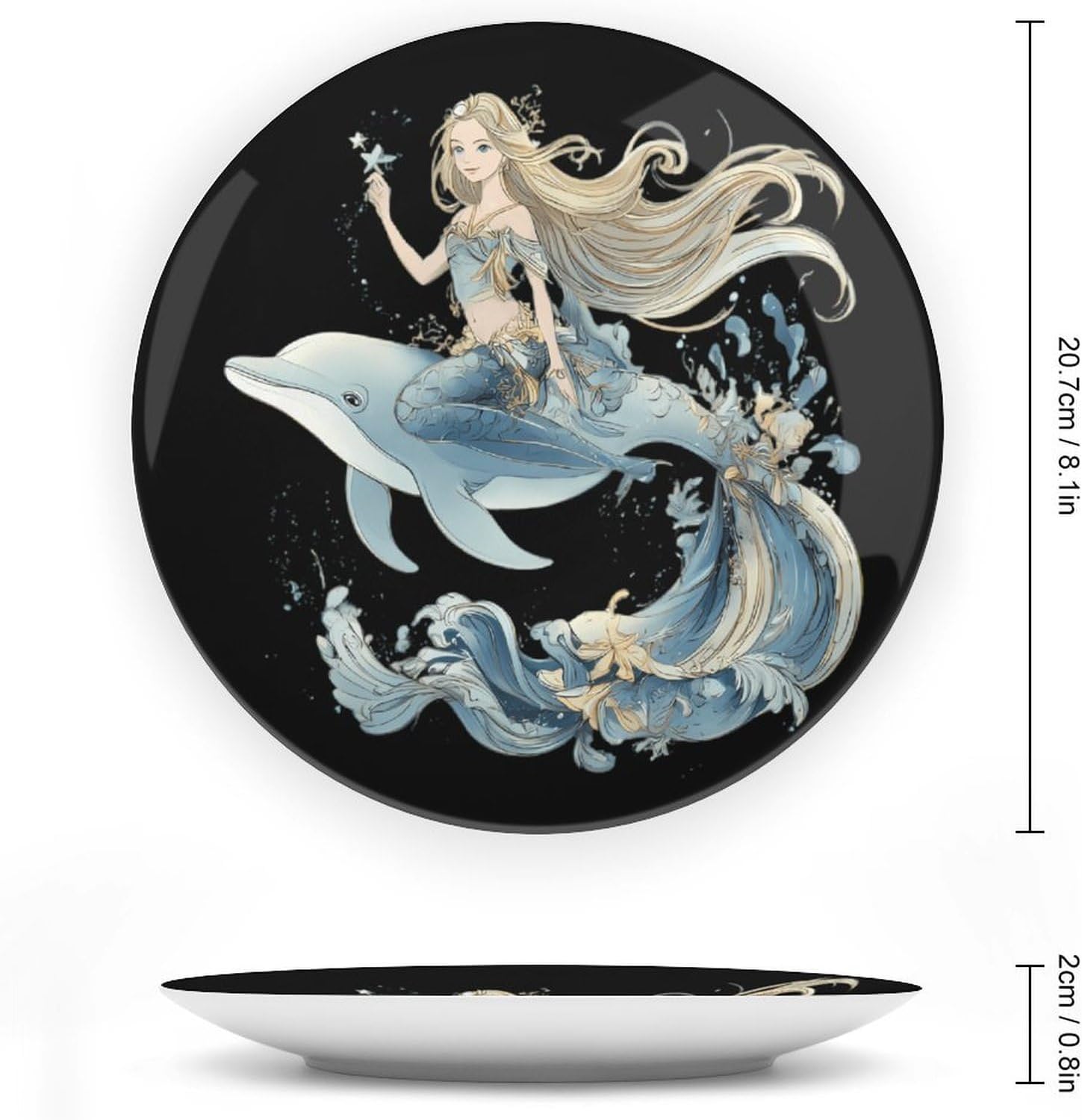 Mermaid1 is Riding on Dolphin Novelty Decorative Plate with Display Stand Handmade Ceramic Ornament Hanging Wall Decor for Home Office Foyer