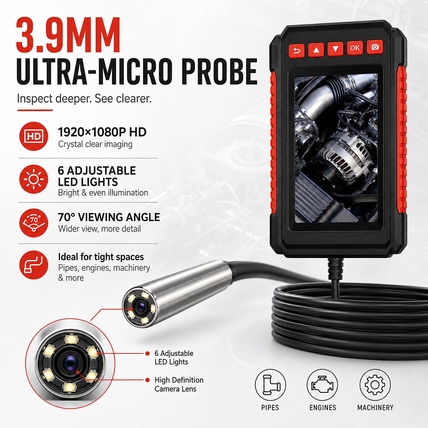 3,9-mm Industrieendoskop, P40 Mikro-Endoskopkamera Mit 4,3-Zoll IPS LCD 1080P-Hd Inspektionskamera, Wiederaufladbar, Ip67-Wasserdicht, Für Automotoren, Rohrleitungen Und Entwässerungssysteme (2M)