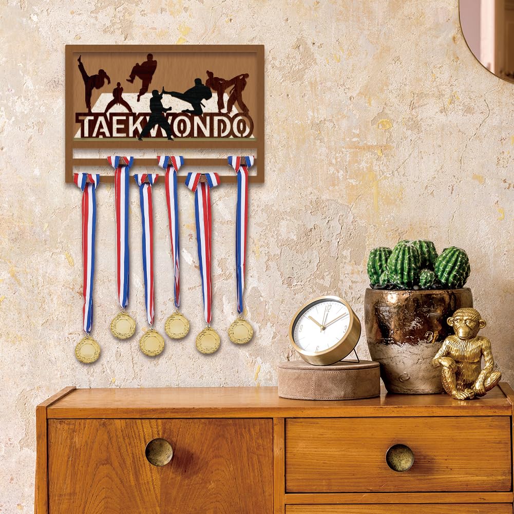 SUPERDANT 3D Taekwondo Medaillenhalter Taekwondo Silhouette Medaillen Aufbewahrung Holz Medaillen Halter Schlüsselband Turnmedaillenhalter Medaille Aufhängedekor Geschenke für Sportler