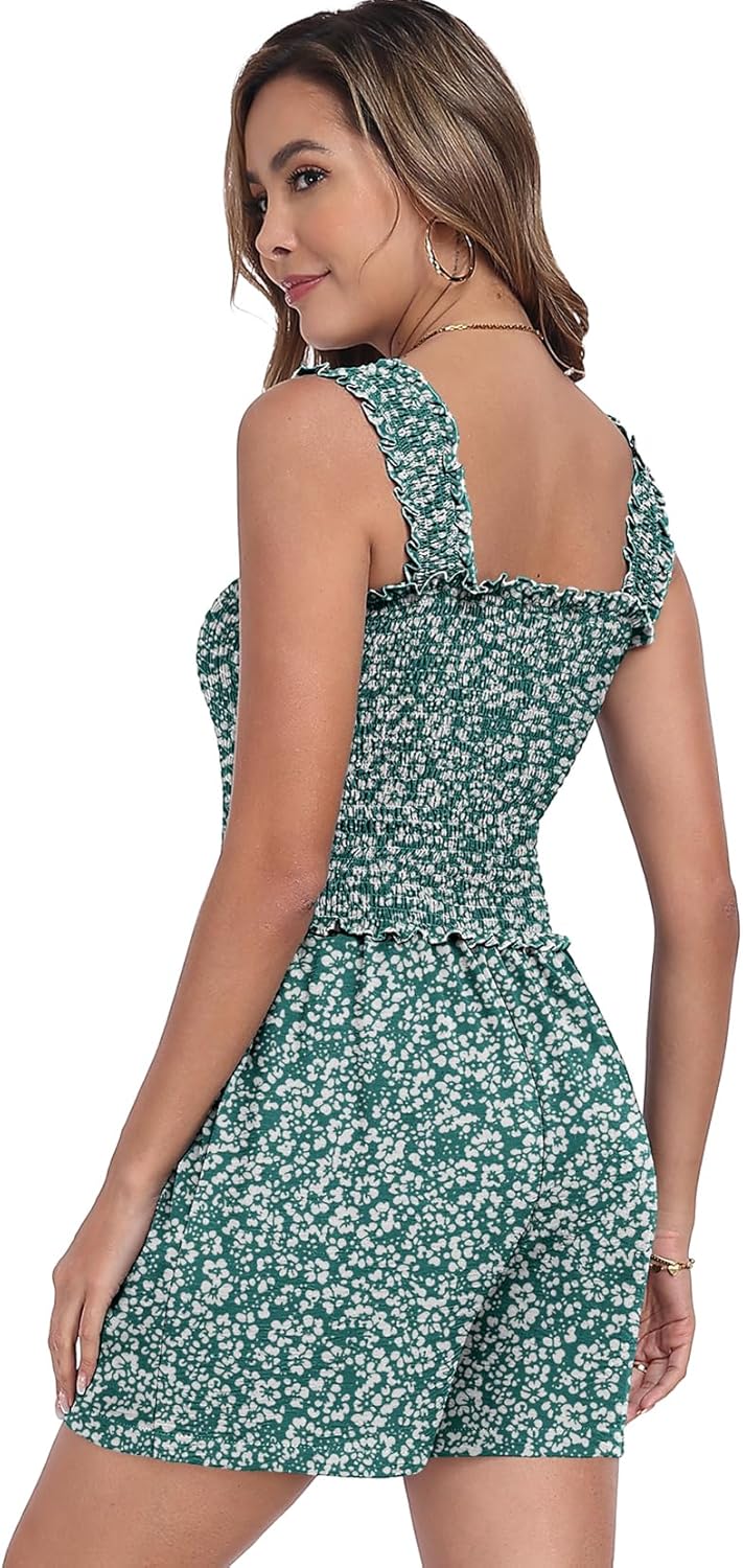 QIXING Women's Summer Casual Rompers Dressy Smocked Loose Comfy Short Jumpsuits Vacation Outfits With Pockets - Image 4