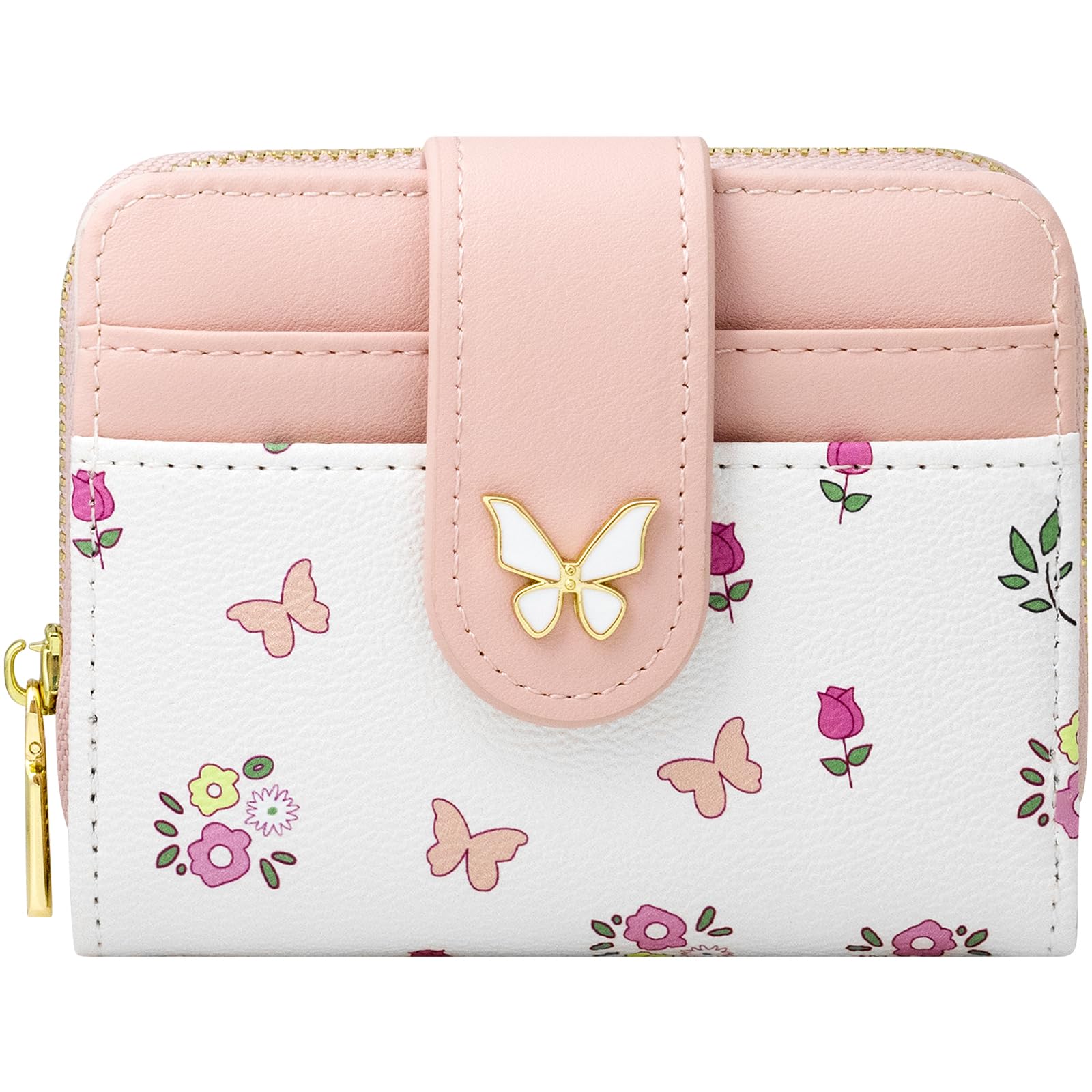BIAOTIE Wallet for Women Cute Floral Flower Wallet RFID Credit Card Holder Purse Small Bifold Zipper Coin Pocket Purse with ID Windows (Butterfly Pink)