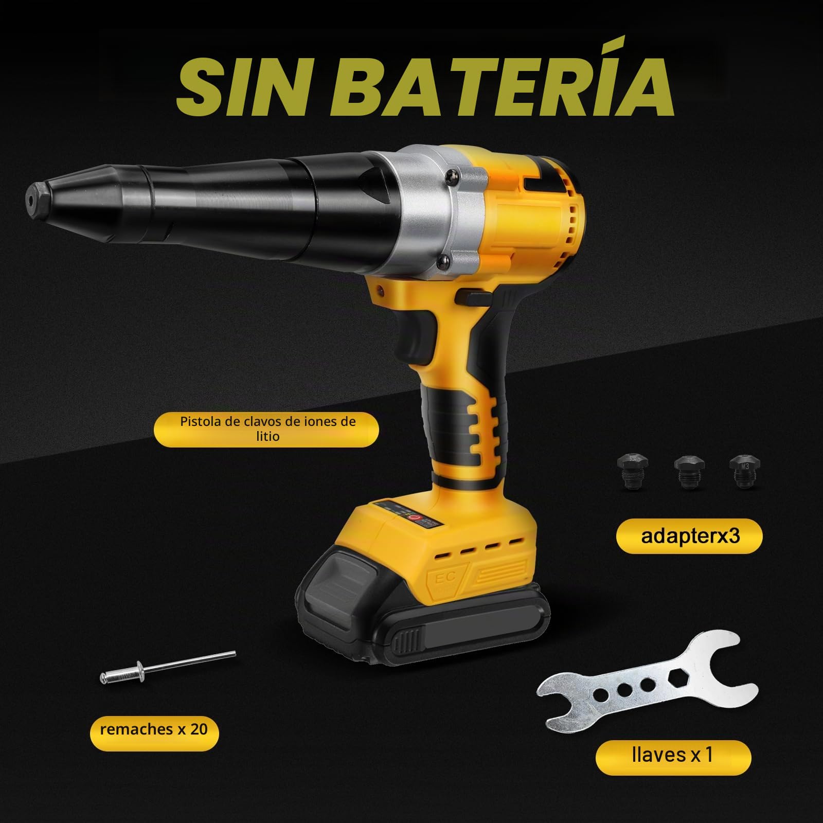 Remachadora Inalámbrica con 20 Remaches para Dewalt 20V (sin batería) | Pistola Remachadora Profesional, sin Escobillas, Luz LED, 3 Adaptadores y Llave, para Metal, Plástico y Cuero