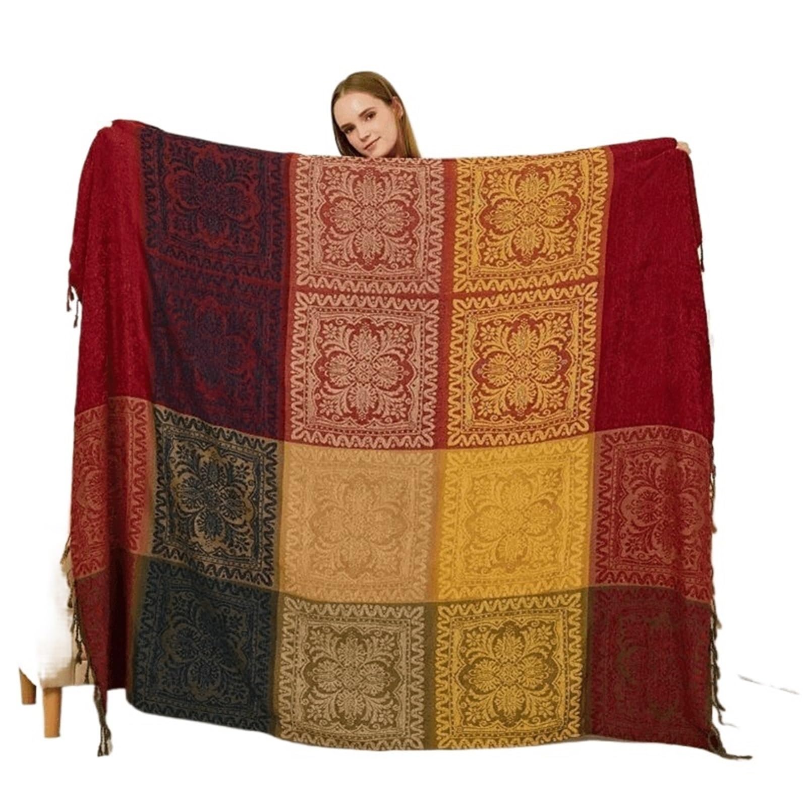 DAJGRHE Bedspread Chenille Throw Boho All Season Sofa Bed Blanket Colorful Decor Washable Tear Resistant(Red,150X190cm)