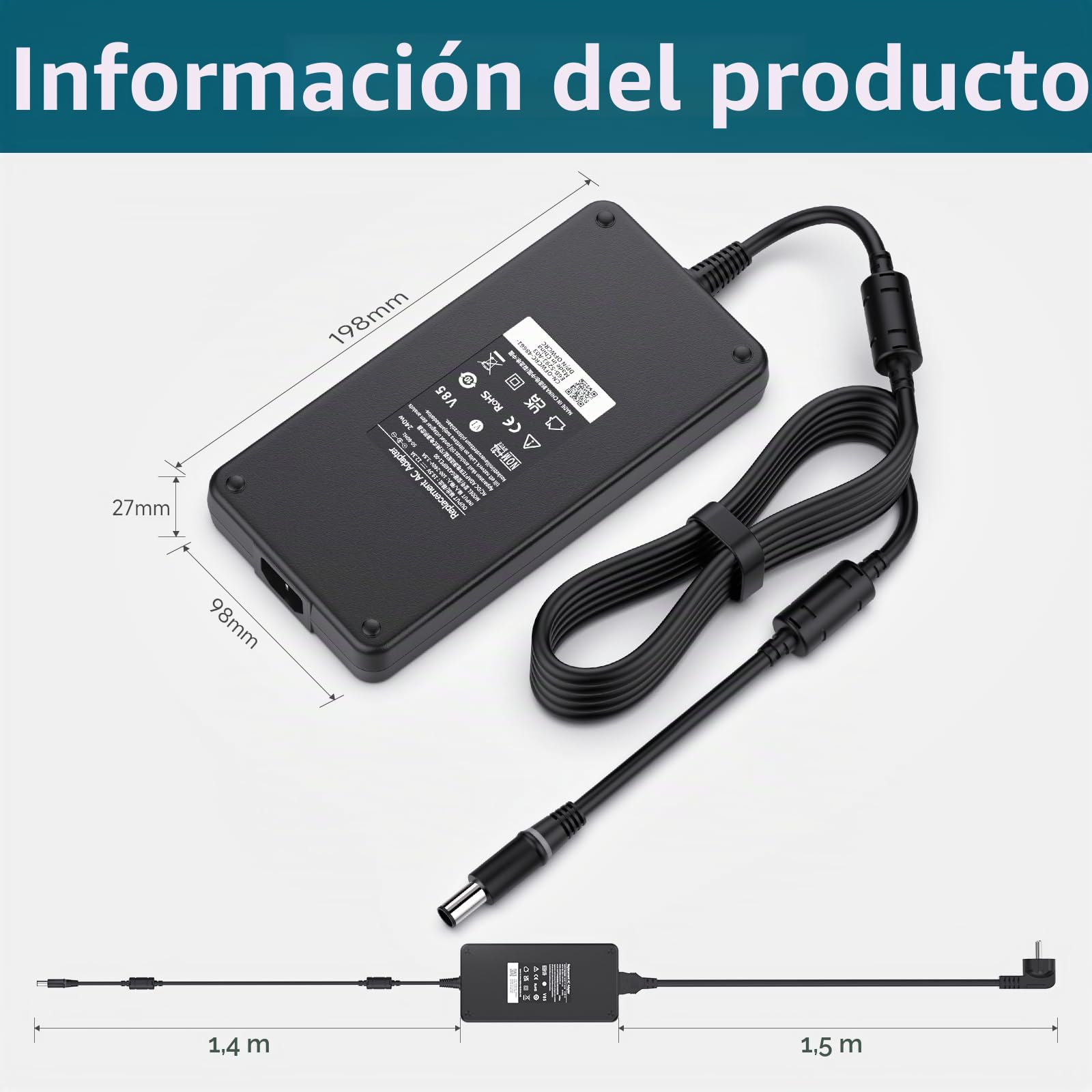shefor Cargador 240W para DELL Alienware 17 15 13 M15 M17 R1 R2 R3 R4 R5 M17X M18X X51 G3 G5 G7 Precision 7710 7720 7730 7510 7520 7530 PA-9E GA240PE1-00 Cable de Alimentación portátil