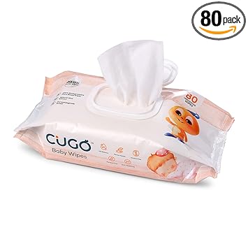 Cugo Baby Water Wipes - 80 Pieces, 99.9% Water-Based with Aloe Extract, Gentle and Soothing Cleansing for Delicate Skin, Extra Thick, Plant Based Fabric. (Pack of 1)