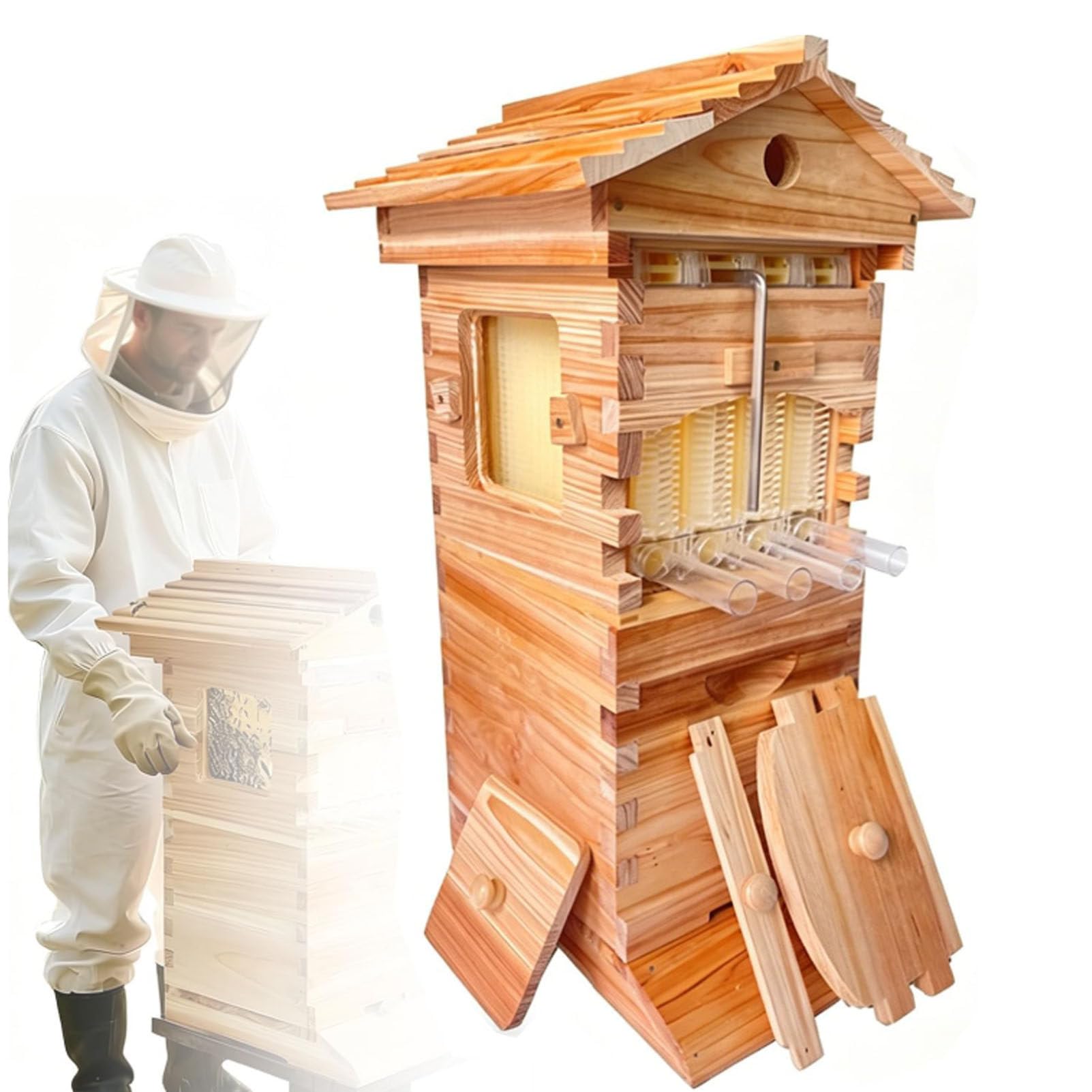 Kit Completo per Apicoltura, arnia per Principianti, casetta in Legno per api con telaini a Flusso Automatico, per Apicoltura e impollinatori da Giardino.