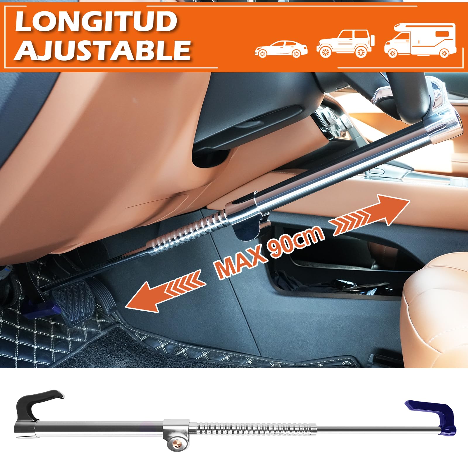Tevlaphee Bloqueo Coche Antirrobo, Antirrobo Coche, Alta Seguridad, Ajuste Universal, 3 Llaves Longitud Máxima 92cm