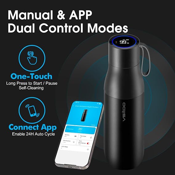 VSITOO S1 Pro 15oz Insulated Stainless Steel Self-Cleaning Water Bottle | Mini 15oz Insulated Bottle With Auto Self-Cleaning, App or Touchscreen Control, Temp Display, 30-Day Battery & 24H Cold