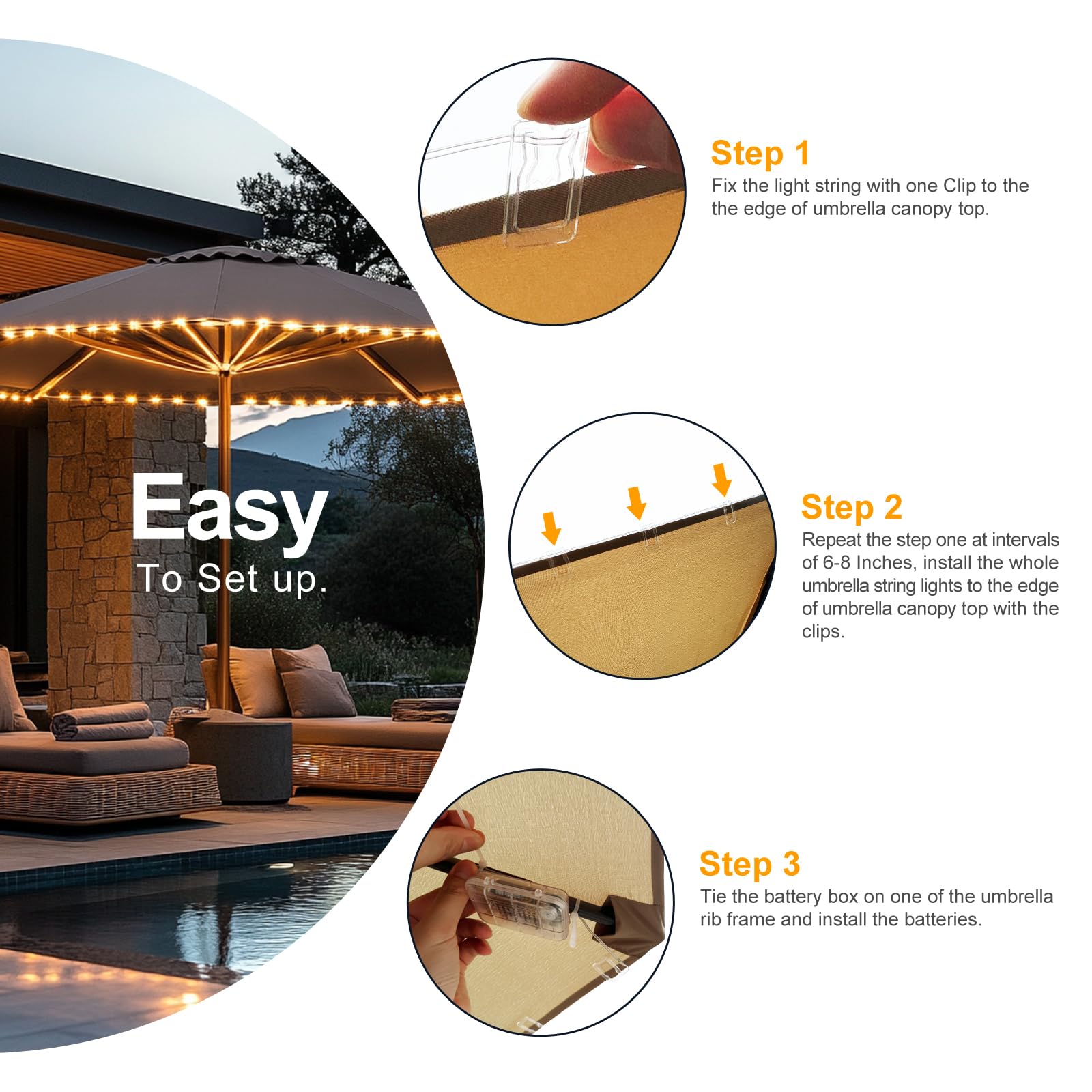 Luces LED inalámbricas para sombrilla de patio con control remoto, funciona con pilas, impermeable, se adapta a decoraciones de paraguas de 6 a 11 pies de diámetro (blanco cálido)