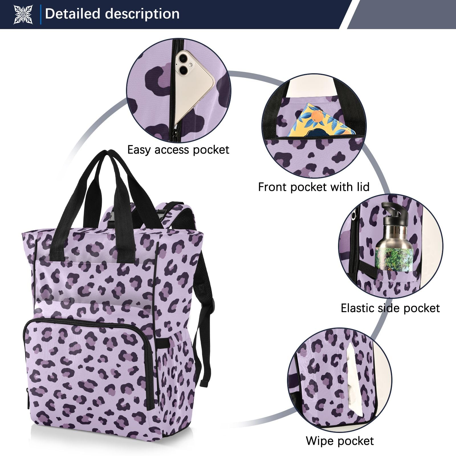 Mnsruu Borsa per pannolini per bambini viola con stampa leopardata borsa grande borsa impermeabile da viaggio borse per pannolini per mamme e papà