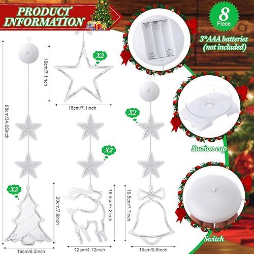 Miniatura 2 de 8 luces de ventana de Navidad, campana, árbol, estrella, decoración de ventana de Navidad, funciona con pilas, cadena de luces colgantes para