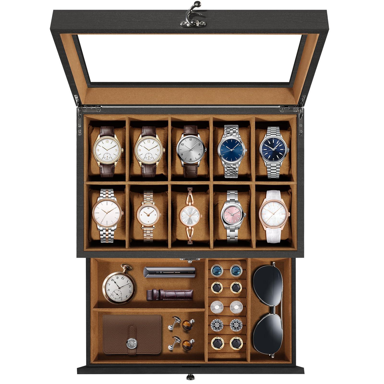 Caja de relojes con 10 compartimentos y 2 niveles de madera Uten