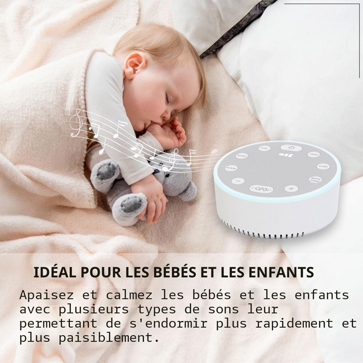 Machine à Bruit Blanc, Machine à Bruit avec Veilleuse pour Enfant Adulte, Bruit Blanc Bebe, 3 Réglages de Minuterie, 6 Sons, Rechargeable par USB
