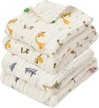 Aablexema Muslin Baby Blanket 6-Layer 43"x43", 2-Pack White Animal Set | Soft Cotton Receiving Blanket for Infant Swaddle Blanket Toddler Boys Girls Bath Towel, Newborn Essentials