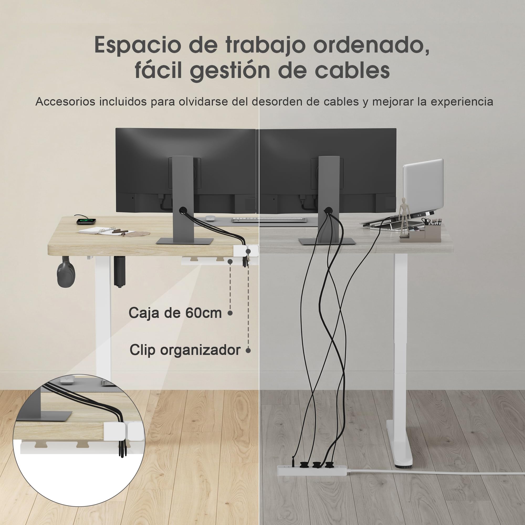 JUMMICO Escritorio eléctrico de Altura Ajustable 140 x 70 cm, Escritorio eléctrico con Bandeja de gestión de Cables, Escritorio de pie y Mesa abatible de 18 mm, Beige