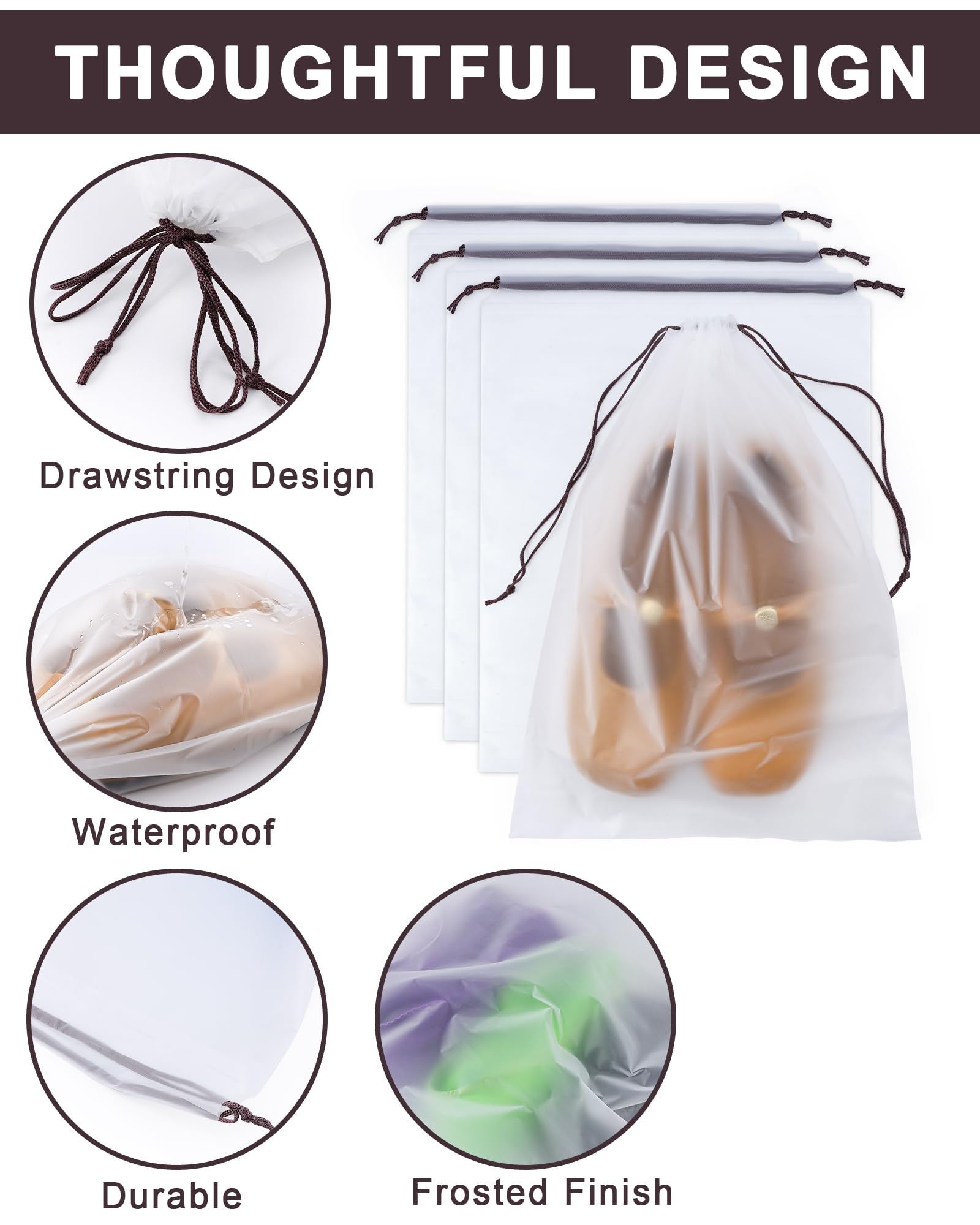 Worki na Buty do Podróży, 8 Sztuk Organizer do Butów do Walizki Wodoodporny ze Ściągaczem, 30x40cm Przezroczyste Woreczki na Buty, Dom i Siłownia, z 1 Etykietami