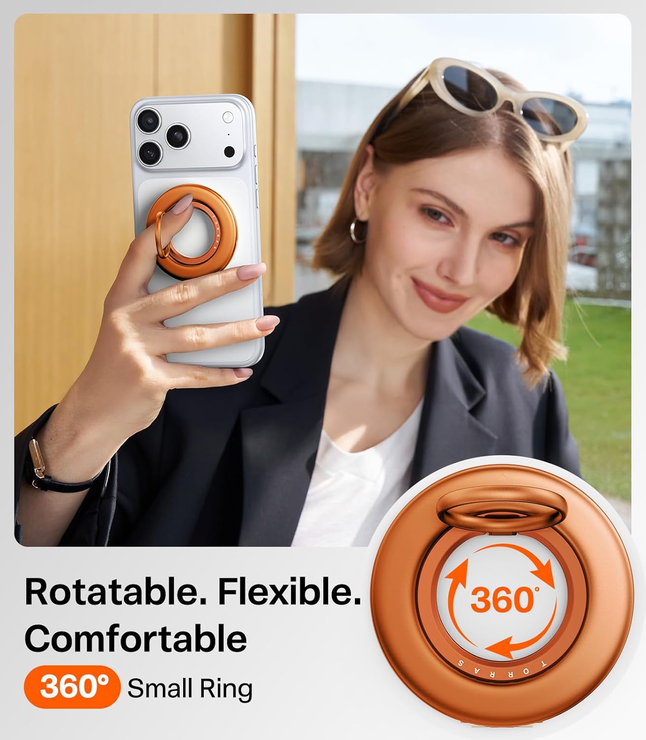 torras 2025 flagship magnetic phone grip ring holder kickstand [2-sided magnetic] [360 rotation] fit for magsafe accessories for iphone 17 16 15 14 13 12 11 samsung, google, orange
