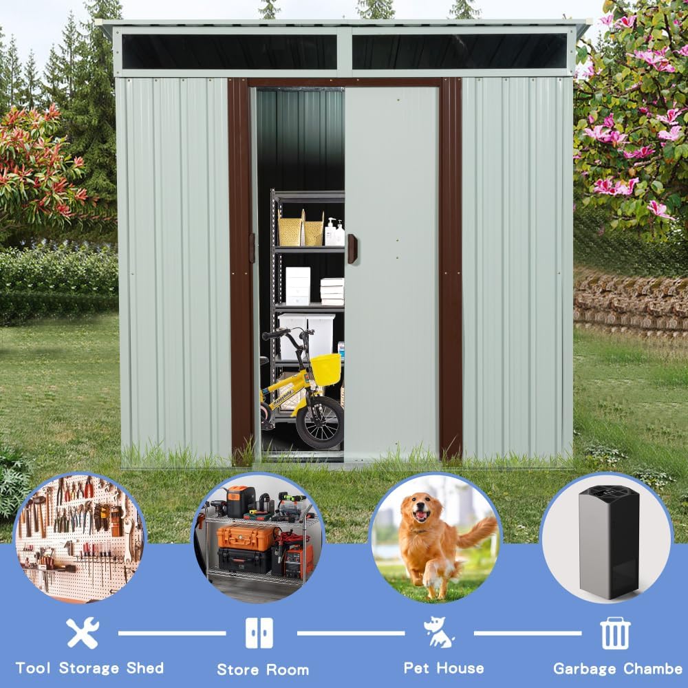 6 ft x 5 ft Metal Outdoor Storage Shed with Window and Sloped Roof for Garden Tools, Lawn Equipment, and Yard Supplies in Coffee Color (White)