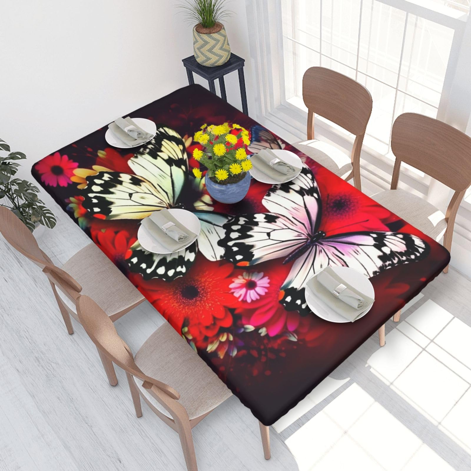 Colorful Flowers Butterflies Waterproof Square Table Cover Elastic Fitted Tablecloth Oil Proof Table Protector For 4ft Table