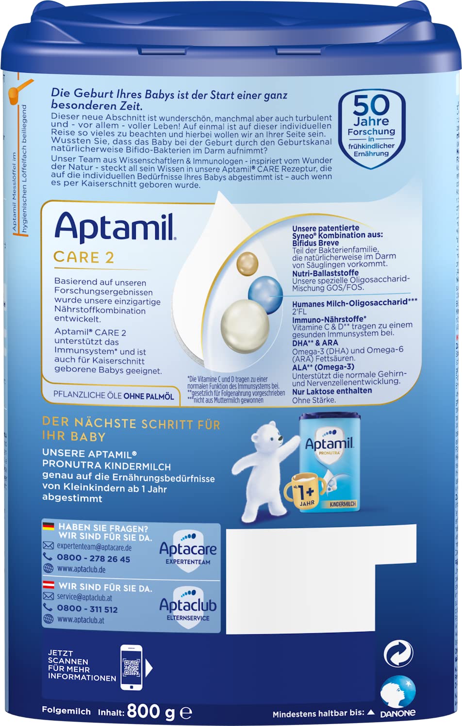 Aptamil Care 2 – Folgemilch nach dem 6. Monat, Mit Omega 3 & 6, DHA & ARA, Ohne Palmöl, Babynahrung, Milchpulver, 1x 800 g (Packung mit 6)