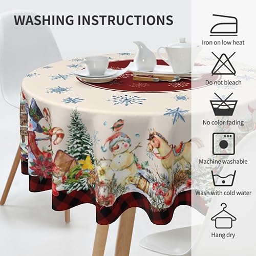 Miniatura 4 de Mantel redondo de Navidad de 60 pulgadas, árbol de Navidad, muñeco de nieve, pájaros, copos de nieve, ciervos, cuadros rojos, mantel decorativo de