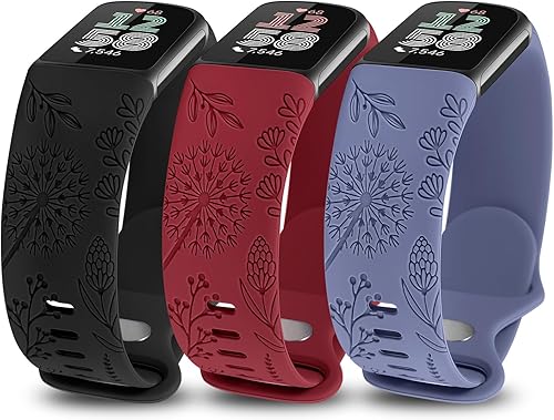 Minyee Paquete de 3 bandas grabadas florales compatibles con Fitbit Charge 6 bandasFitbit Charge 5 bandas para mujer, lindo diseño de flores de