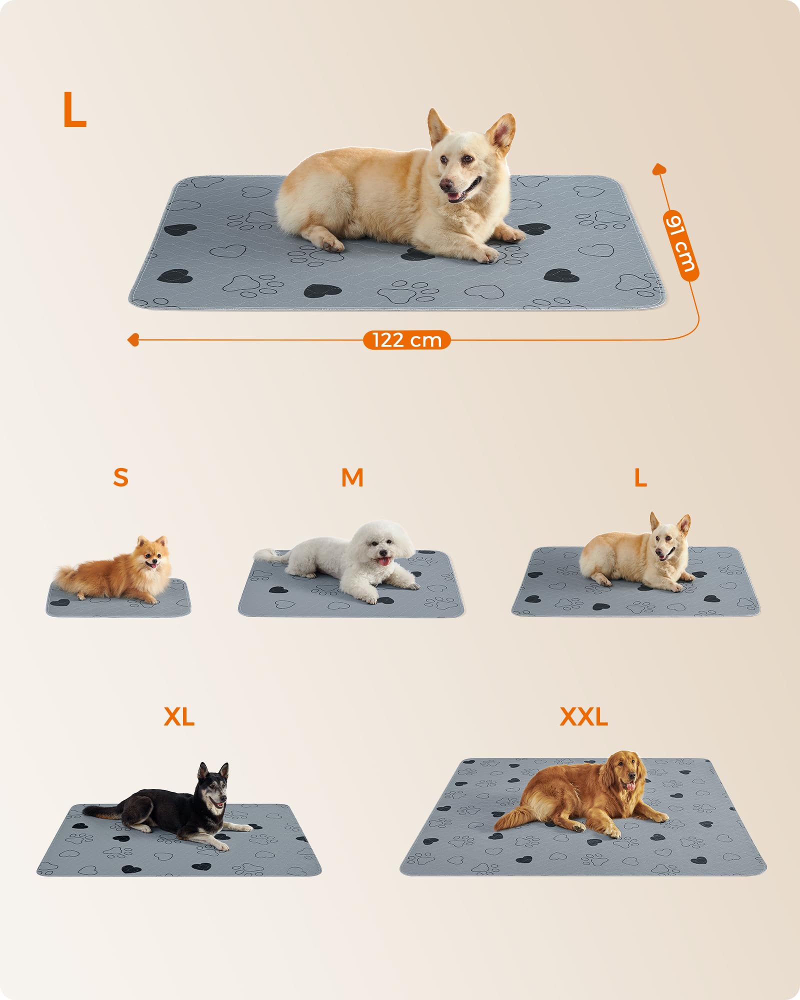 Feandrea Tappeti Lavabili per Cani, Tappeti Assorbenti Riutilizzabili, Set di 2, 122 x 91 cm, Taglia XL, a Prova di Perdite, Lavabili, Antiscivolo, Alta Assorbenza, Grigio PTD036G01