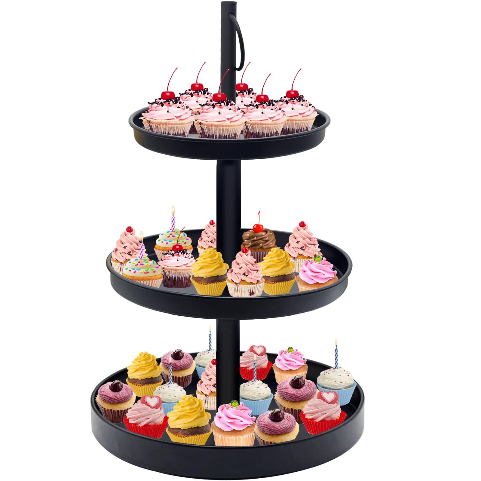 Cupcake Stand for 50 Cupcakes, Metal 3 Tier Cupcake Tower Black Cupcake Holder Stand Cake Display Stand Tiered Serving Trays Dessert Stands with Handle for Party, Baby Shower, Wedding, Birthday