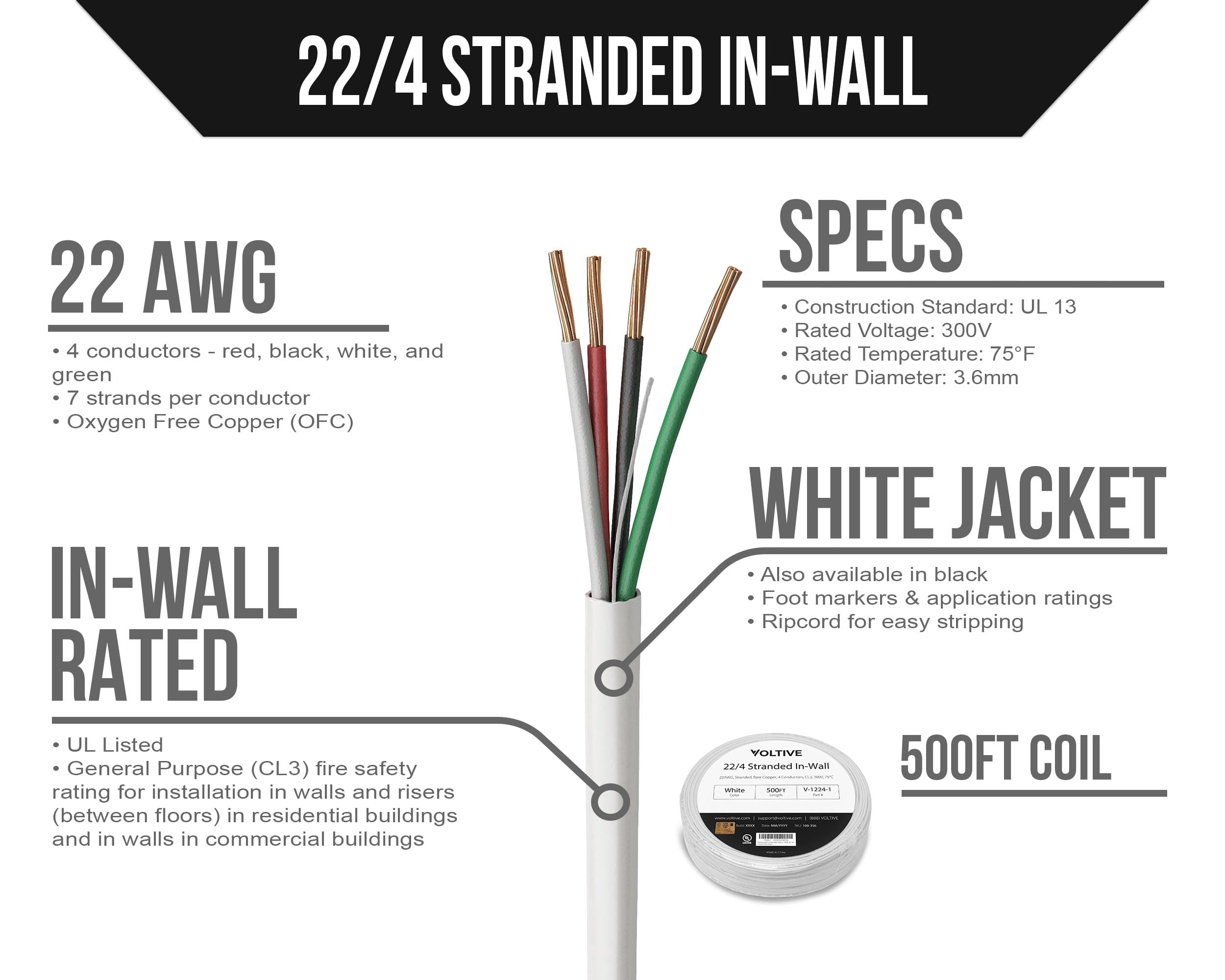Voltive V-1224-1 22 AWG, 22/4 Litze, Wandlitze, CL3, Weiß, 152,4 m – 22 AWG, 4 Leiter, blankes Kupfer, UL-gelistet