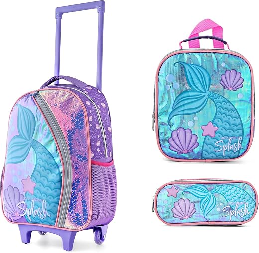 Zoonior Mermaid Trolley School Bag for Girls – Wheeled School Bag with Lunch Bag & Pencil Case | Rolling Backpack for Scho...