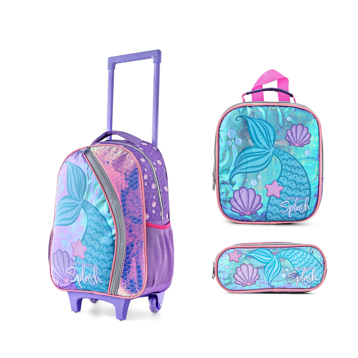 Zoonior Mermaid Trolley School Bag for Girls – Wheeled School Bag with Lunch Bag & Pencil Case | Rolling Backpack for Scho...