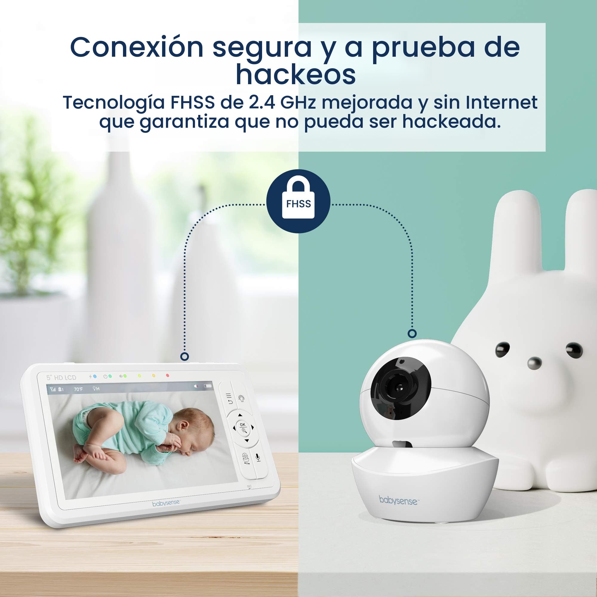 Babysense HDS2 Monitor de Vídeo para Bebé con Cámara y Audio, Vigilabebés de 5" HD 720p, sin WiFi, Luz Nocturna Ajustable, Alcance Extendido, Audio Bidireccional, Zoom 4X, Visión Nocturna, Batería