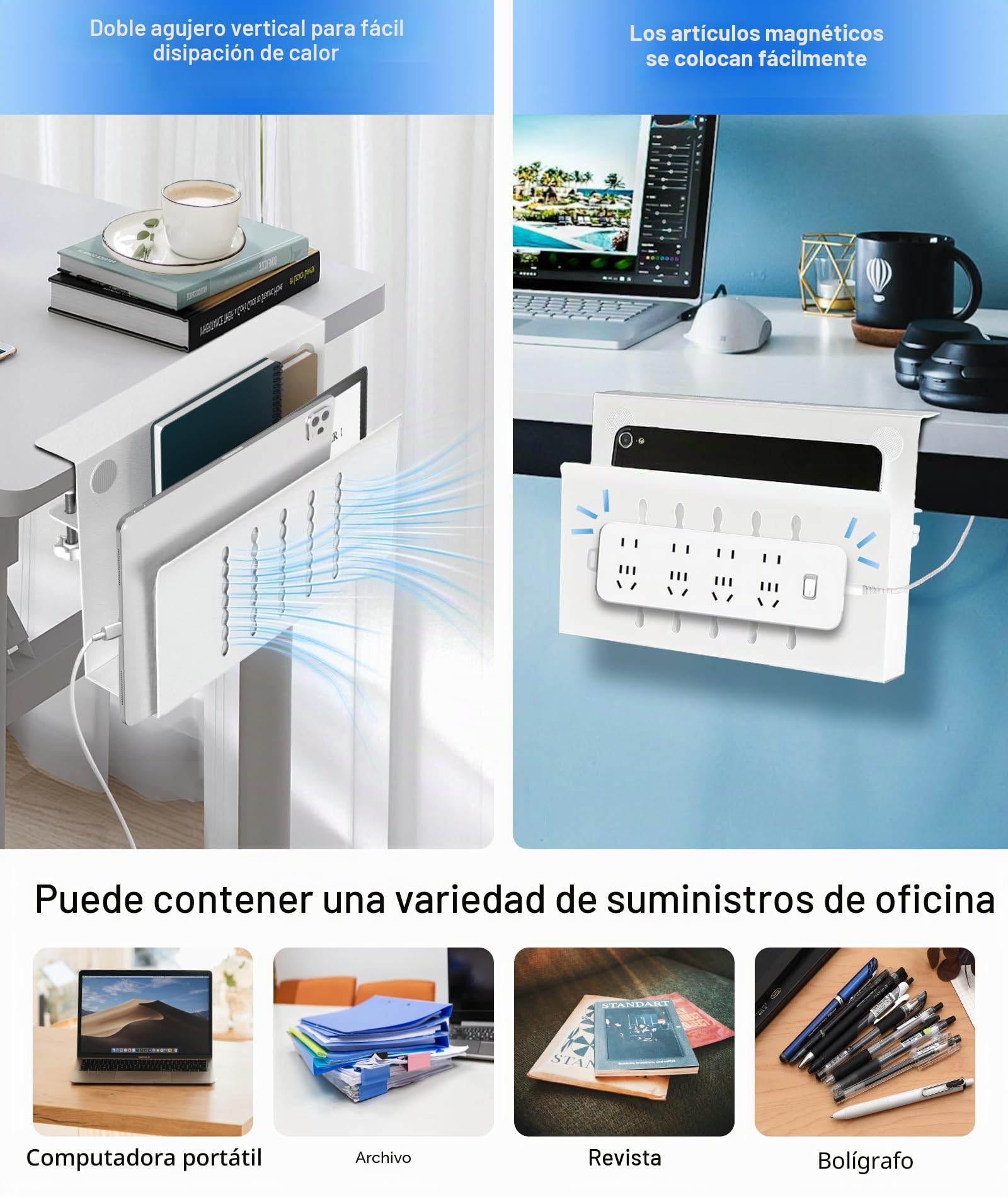 Almacenamiento Lateral Organizador de Acero, Portátil Sin Perforar, Bandeja de Cables Adecuado para Hogar y Oficina